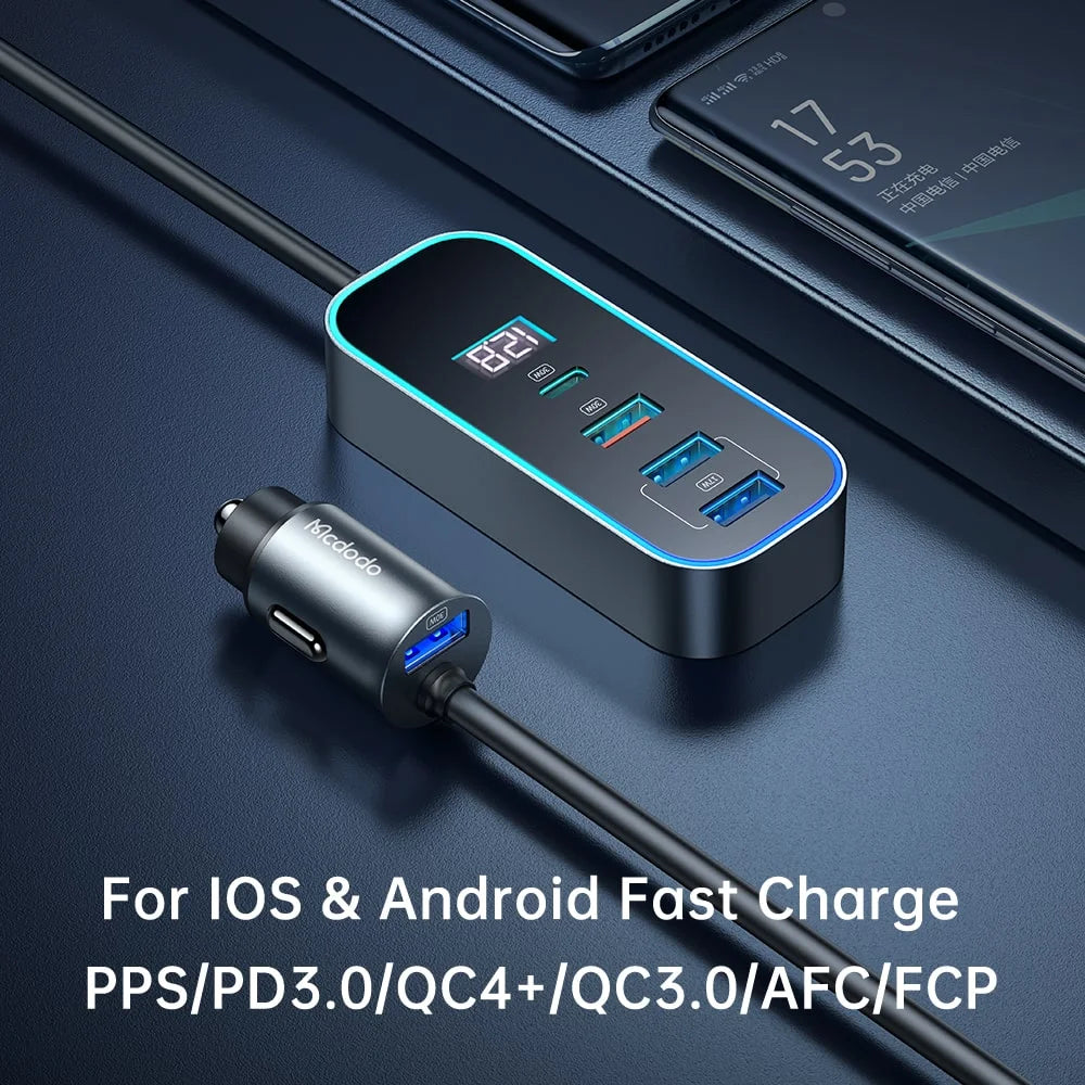 Mcdodo 107W digital display car charger with extension cord (4 USB+1 C)