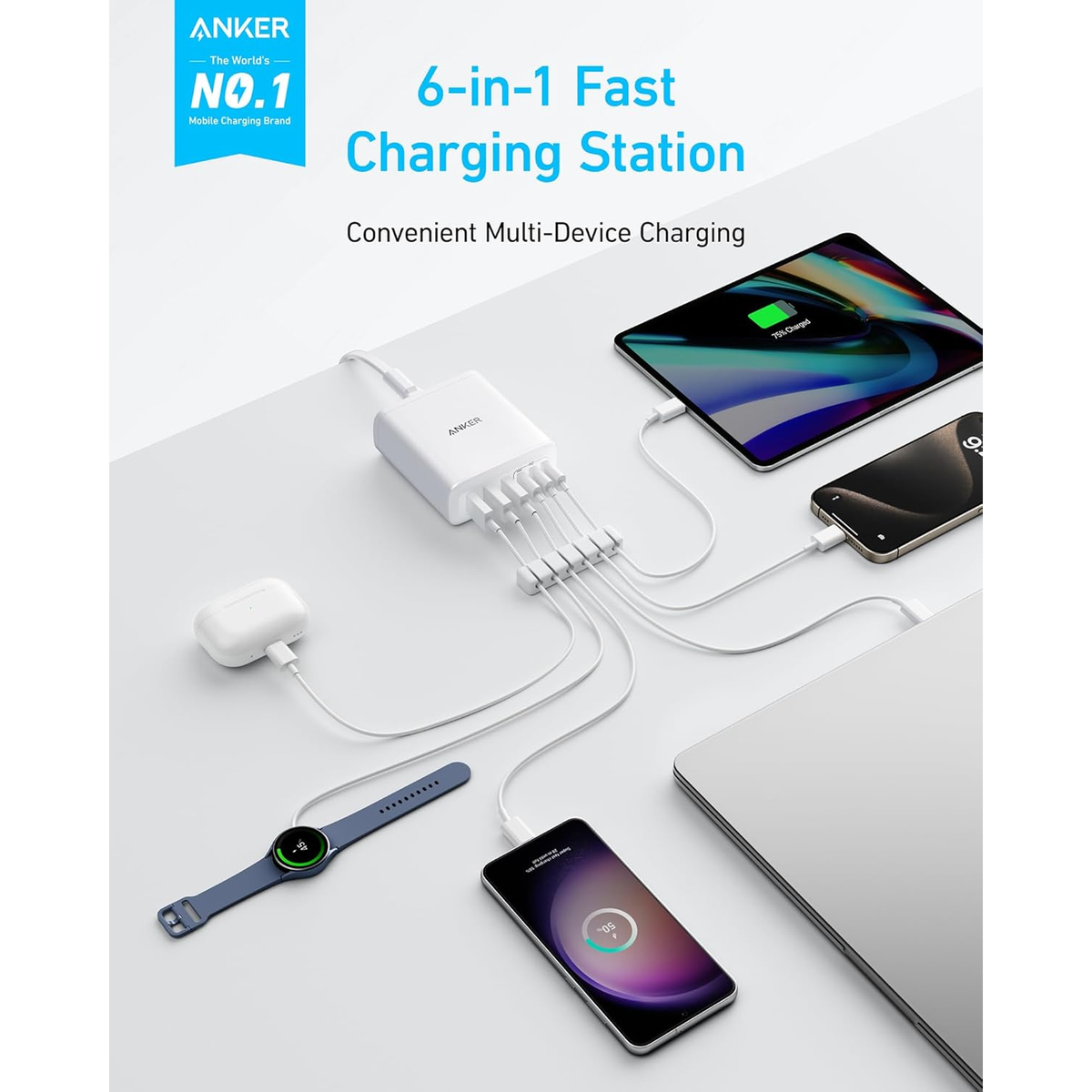 Anker Charger (112W, 6 Ports, GaN) White