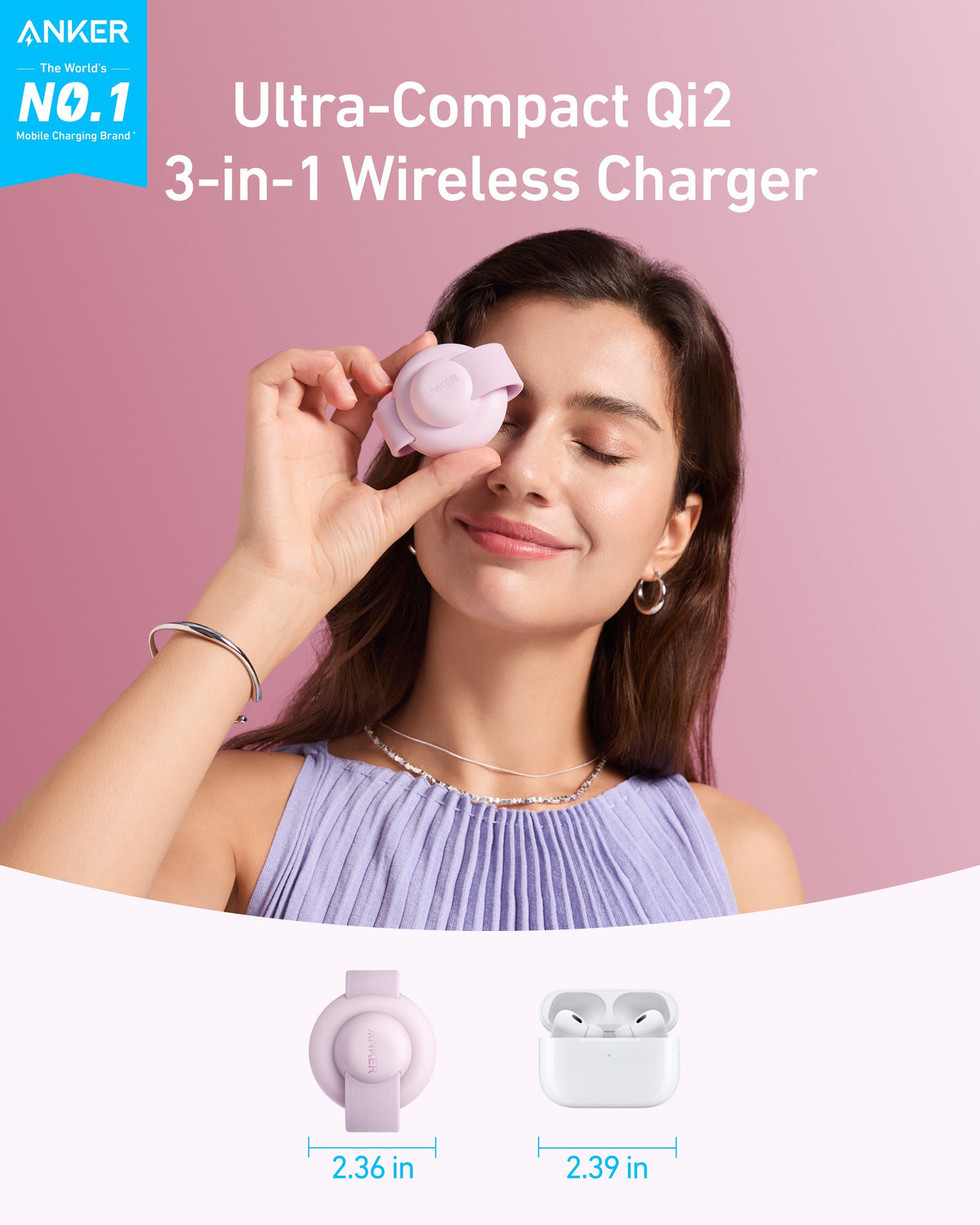 Anker MagGo Wireless Charging Station (3-in-1, Foldable Pad) Pink Aura