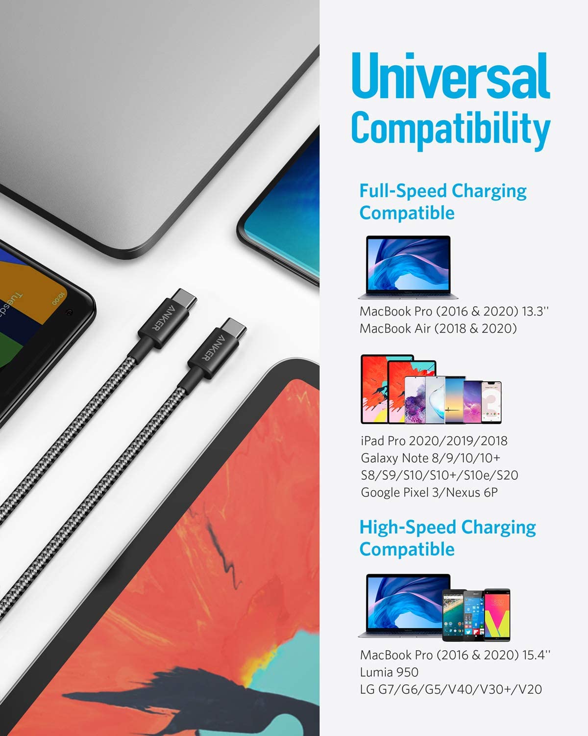 Anker PowerLine Nylon USB-C to USB-C Cable (60W, 3.3ft, 2-Pack) Black