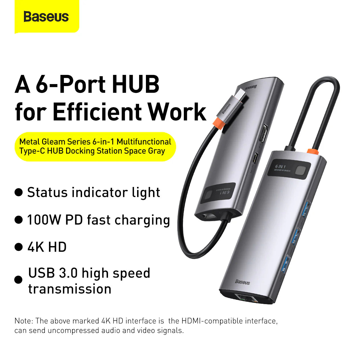 Baseus Metal Gleam Series 6-in-1 Multifunctional Type-C HUB Docking Station(Type-C to HDMI*1+USB3.0*3+PD*1+VGA*1) Default