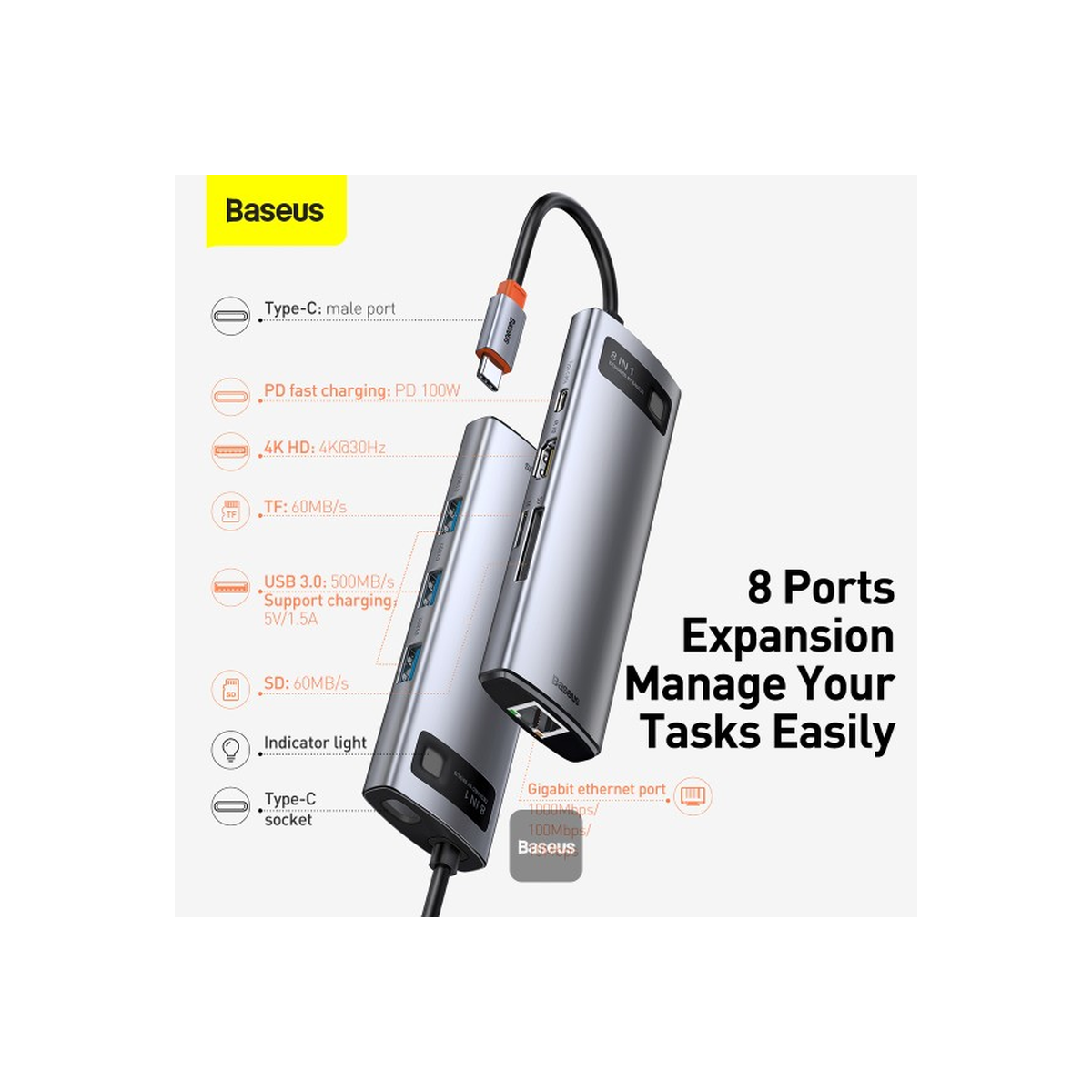 baseus-metal-gleam-8in1-usb-c-hub Space Grey
