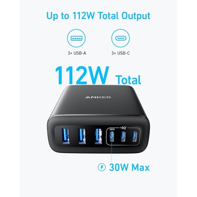 Anker Charger (112W, 6 Ports, GaN) Black
