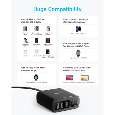 Anker Charger (112W, 6 Ports, GaN) Black