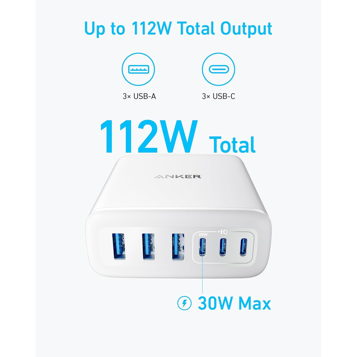 Anker Charger (112W, 6 Ports, GaN) White