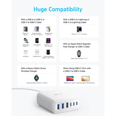 Anker Charger (112W, 6 Ports, GaN) White