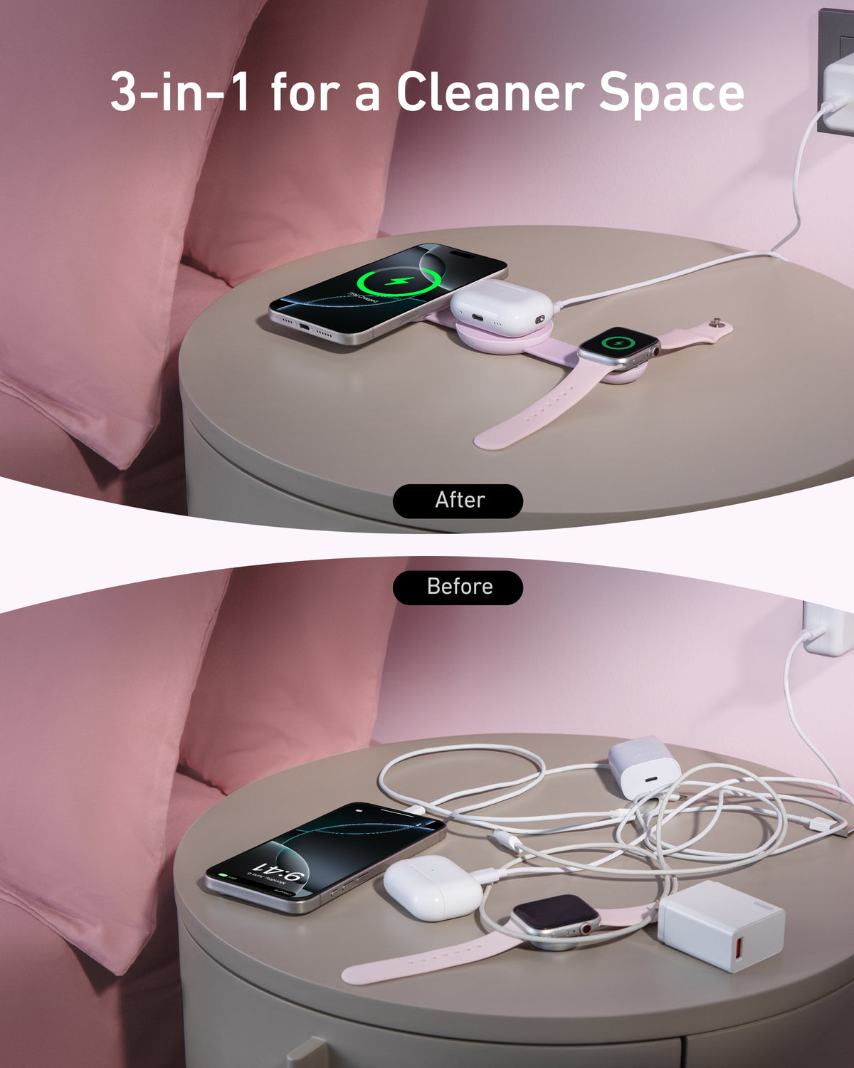 Anker MagGo Wireless Charging Station (3-in-1, Foldable Pad) Pink Aura