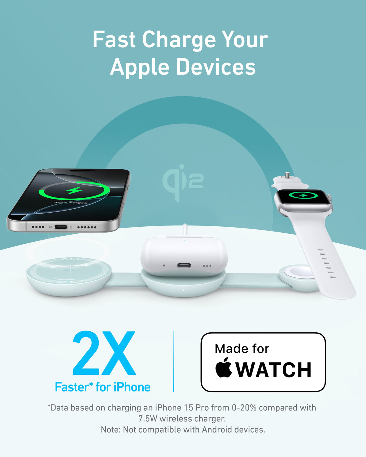 Anker MagGo Wireless Charging Station (3-in-1, Foldable Pad) Teal Oasis