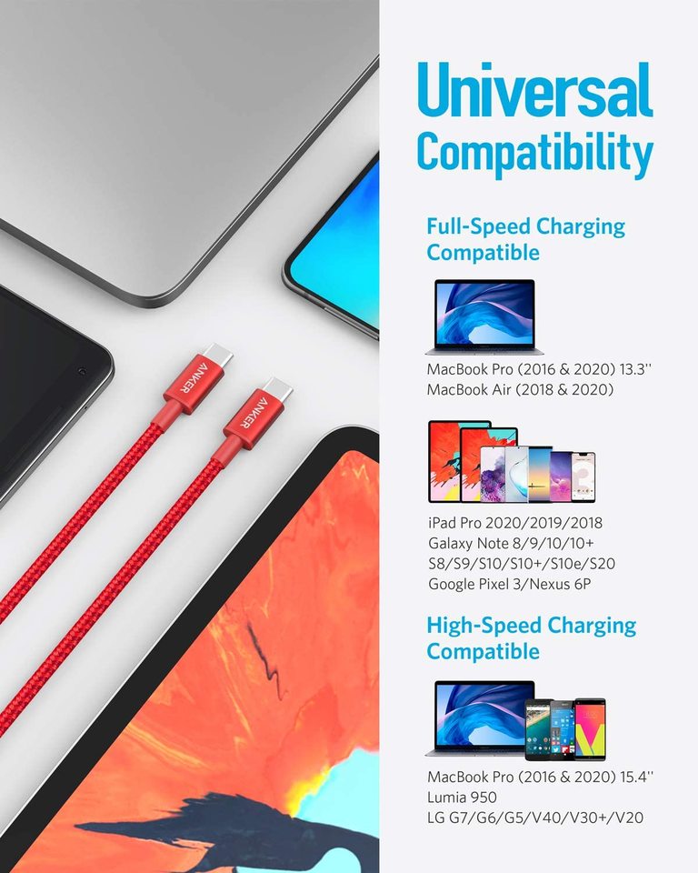 Anker Nylon USB-C to USB-C Cable (60W, 2-Pack) Red