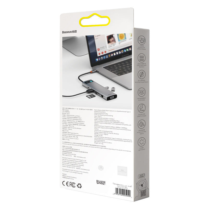 Baseus Metal Gleam 11 in 1 Multifunctional USB Type-C Hub Grey -(CAHUB-CT0G) Default