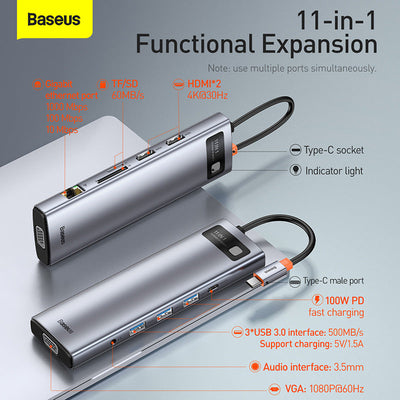 Baseus Metal Gleam 11 in 1 Multifunctional USB Type-C Hub Grey -(CAHUB-CT0G) Default