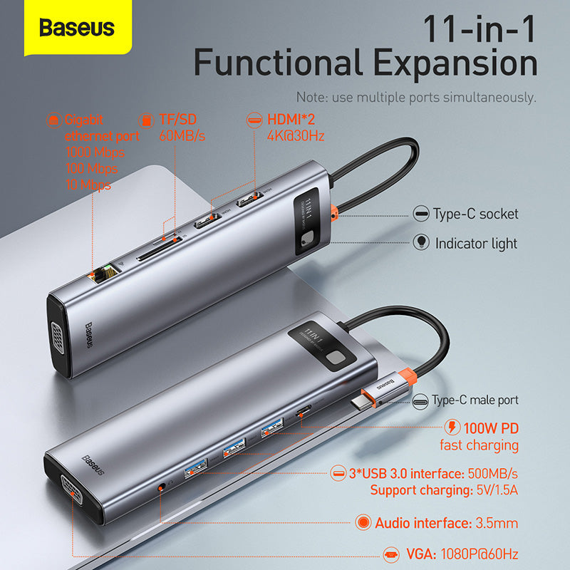 Baseus Metal Gleam 11 in 1 Multifunctional USB Type-C Hub Grey -(CAHUB-CT0G) Default