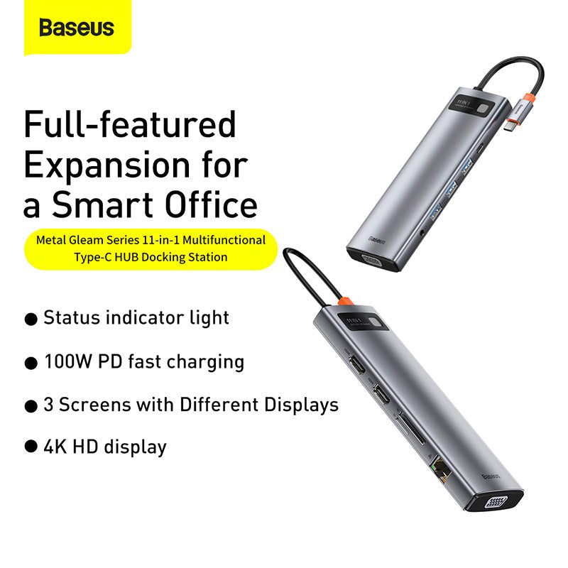 Baseus Metal Gleam 11 in 1 Multifunctional USB Type-C Hub Grey -(CAHUB-CT0G) Default