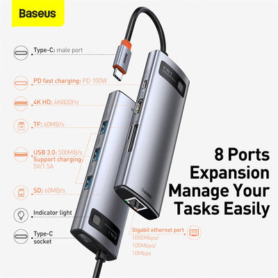 Baseus Metal Gleam 8 in 1 Multifunctional USB Type-C Hub Grey (CAHUB-CV0G) Default