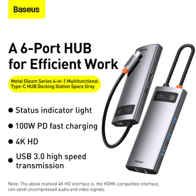 Baseus Metal Gleam Series 6-in-1 Multifunctional Type-C HUB Docking Station（Type-C to HDMI*1+USB3.0*3+PD*1+VGA*1） Default