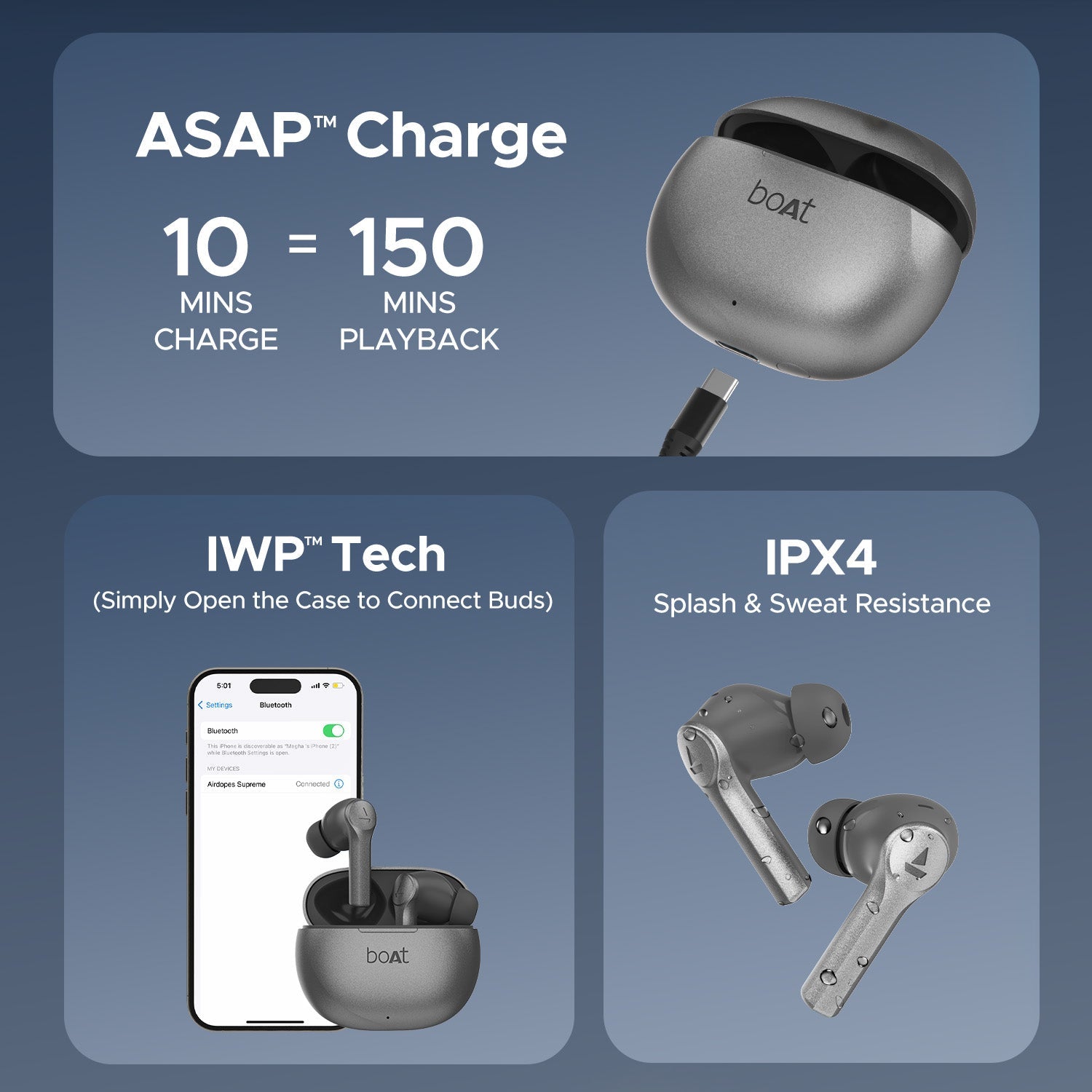 boAt Airdopes Supreme Wireless Earbuds Metallic Grey