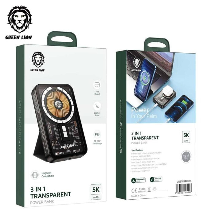 Green Lion 3 in 1 Transparent Magsafe Power Bank 5000mAh PD 20W (2) Green Lion 3 in 1 Transparent Power Bank - Image 2